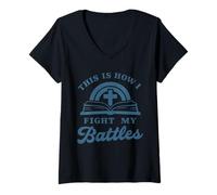 Womens Faith Prayer Battles Bible Cross Christian V-Neck T-Shirt