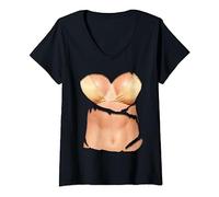 Womens Fake Abs T Shirt Funny Bikini Body Muscle Six Pack 3D V-Neck T-Shirt