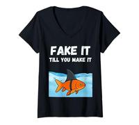 Womens Fake it Till You Make it Goldfish Shark Fin Hustler V-Neck T-Shirt
