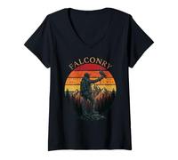 Women's Falconer Hawk Vintage Sunset Bird Prey Mountains Falconry V-Neck T-Shirt