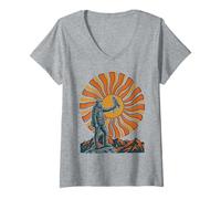 Women's Falconer Retro Sunburst Mountain Nature Falconry Hawk V-Neck T-Shirt