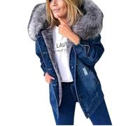 Women's Fall and Winter Padded Lined Oversized Faux Fur Collar Denim Jacket Fashion Loose Casual Button Retro Warm Hooded Jacket (Dark Blue,M)