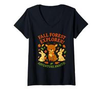 Womens Fall Autumn Woodland Walks For Kids Animals Deer Rabbits V-Neck T-Shirt