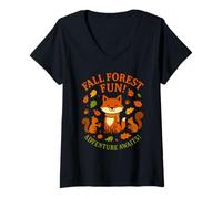 Womens Fall Autumn Woodland Walks For Kids Nature Animals V-Neck T-Shirt