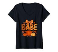 Women's Fall Babe Leopard Plaid Pumpkin Autumn Leaves V-Neck T-Shirt