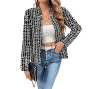 Women's Fall Business Plaid Tweed Blazer Jacket,Elegant Long Sleeve Slim Work Blazers,Notch Collar Cardigans (Black and White,XL)