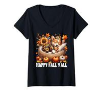 Womens Fall Corgi Autumn Graphic Women Men and Kids Happy Fall Yall V-Neck T-Shirt