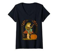 Womens Fall Cottagecore Aesthetic Frog Playing Banjo on Mushroom V-Neck T-Shirt