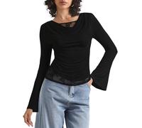 Women's Fall Cowl Neck Long Sleeve Tops, Draped Neck Blouse with Lace, Panel Ruched Slim Fit Casual Elegant Daily Top, Black, XS