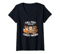 Womens Fall Fest with Forest Friends - Funny Thanksgiving V-Neck T-Shirt