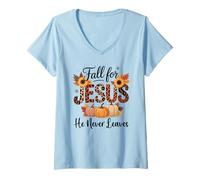 Womens Fall For Jesus He Never Leaves Christian Autumn Faith V-Neck T-Shirt