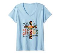 Womens Fall For Jesus He Never Leaves Floral Faith V-Neck T-Shirt