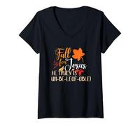 Womens Fall for Jesus He Truly is Unbeleafable Autumn Christian V-Neck T-Shirt