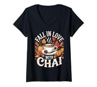 Womens Fall in Love with Chai Tea Autumn V-Neck T-Shirt