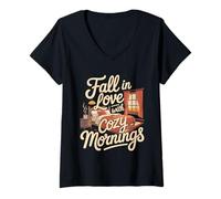 Womens Fall in Love with Cozy Mornings Autumn Bedroom Scene V-Neck T-Shirt