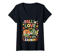 Womens Fall in Love with Learning Autumn Pumpkin Teacher Kids Men V-Neck T-Shirt