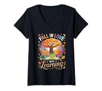 Womens Fall in Love with Learning Autumn Pumpkin Teacher Kids V-Neck T-Shirt