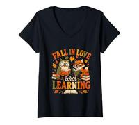 Women's Fall in Love with Learning Funny Back to School Teacher V-Neck T-Shirt