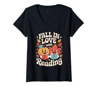 Womens Fall in Love with Reading Kids Book Lover Cute Autumn Vibes V-Neck T-Shirt