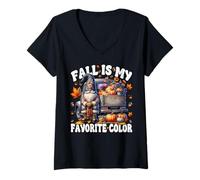Womens Fall is My Favorite Color with Autumn Gnome Pumpkin Truck V-Neck T-Shirt