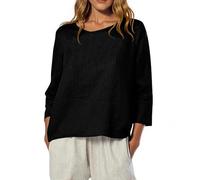 Women's Fall Linen T-Shirt - Loose Fit 3/4 Sleeve, Boat Neck, Dressy Casual Blouse with Floral Print, Lightweight for Cool Mornings(Black, L)