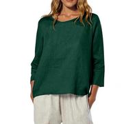 Women's Fall Linen T-Shirt - Loose Fit 3/4 Sleeve, Boat Neck, Dressy Casual Blouse with Floral Print, Lightweight for Cool Mornings(Blackish Green, M)