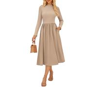 Womens Fall Long Sleeve Dresses Plain Swing A-Line Dress for Commute Leisure Casual Khaki M