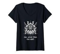 Womens Fall seven times, rise eight. Battle Proverb Ninja Helmet V-Neck T-Shirt