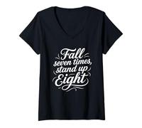 Womens Fall seven times, stand up eight, Japanese proverb V-Neck T-Shirt