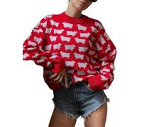 Women's Fall Sheep Print Long Sleeve Crewneck Casual Knit Sweater Pullover Sweaters for Women Knit Sweater (Red,M)
