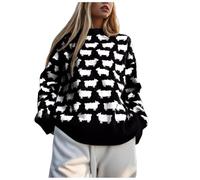 Women's Fall Sheep Print Long Sleeve Crewneck,Knitted Sweaters for Long Sleeve Loose Sweaters Sheep Sweater (Black,L)