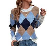 Women's Fall Sweaters Autumn Winter Jumper Pullover Diamond Print Round Neck Pullover Cable Knit Sweaters Sweatshirts Tops,Apricot,L