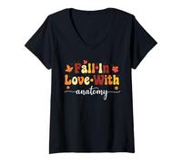 Womens Fall Teacher Fall in Love with Anatomy Funny Thanksgiving V-Neck T-Shirt