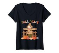 Womens Fall Vibes Shirt Scarecrow Fence Pumpkin Patch Scene V-Neck T-Shirt