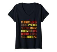 Womens Fall Vibes Word Art Cozy Autumn Leaves Pumpkins Cider Tee V-Neck T-Shirt