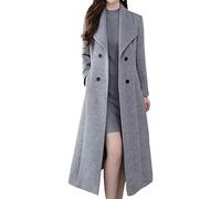 Women's Fall Winter Long Wool Pea Coats Double Breasted Notched Lapel Trench Coat for Women Elegant Slim Overcoat, Grey, M