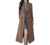 Women's Fall Winter Long Wool Pea Coats Double Breasted Notched Lapel Trench Coat for Women Elegant Slim Overcoat, Brown, S