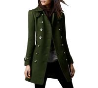 Women's Fall Winter Long Wool Trench Coat Jackets Double Breasted Notched Collar Pea Coats Overcoat, Green, L