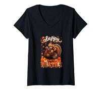 Women's Fall Y'all Thanksgiving Cockapoo Riding Turkey Autumn Leaves V-Neck T-Shirt