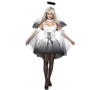 Womens Fallen Angel Fancy Dress Costume, Gradient Dark Ghost Angel Outfit with Feather Wings, Neck Choker and Mesh Arm Sleeves, Adult Ladies Halloween Cosplay Dress for Themed Party Fancy Dress Events