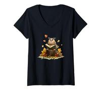 Womens Falling Leaves with Reading Owl for Books Season Lovers V-Neck T-Shirt