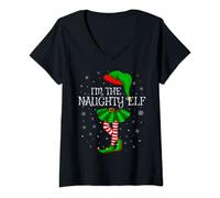 Womens Family Matching Women Girls I'm The Naughty Elf Christmas V-Neck T-Shirt