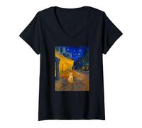 Womens Famous Artist Painting Cafe Terrace At Night With Cat Humor V-Neck T-Shirt