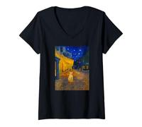 Womens Famous Artist Painting Funny Cafe Terrace At Night With Cat V-Neck T-Shirt