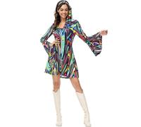 Womens Fancy 70s Dress 2PC Vintage Long Bell Sleeves V-Neck 1970s Hippie Mini Dresses Costume Clothes Floral Printed 1960s Style Retro Party Halloween Hippy Disco Outfits with Headband Brown