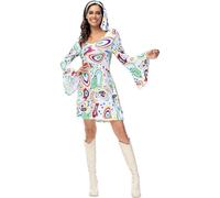 Womens Fancy 70s Dress 2PC Vintage Long Bell Sleeves V-Neck 1970s Hippie Mini Dresses Costume Clothes Floral Printed 1960s Style Retro Party Halloween Hippy Disco Outfits with Headband White
