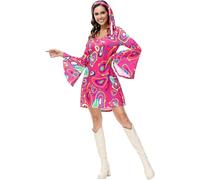Womens Fancy 70s Dress 2PC Vintage Long Bell Sleeves V-Neck 1970s Hippie Mini Dresses Costume Clothes Floral Printed 1960s Style Retro Party Halloween Hippy Disco Outfits with Headband Hot Pink