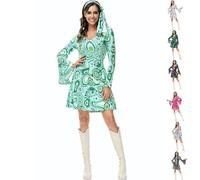 Womens Fancy 70s Dress 2PC Vintage Long Bell Sleeves V-Neck 1970s Hippie Mini Dresses Costume Clothes Floral Printed 1960s Style Retro Party Halloween Hippy Disco Outfits with Headband Light Green