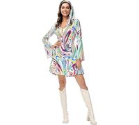 Womens Fancy 70s Dress 2PC Vintage Long Bell Sleeves V-Neck 1970s Hippie Mini Dresses Costume Clothes Floral Printed 1960s Style Retro Party Halloween Hippy Disco Outfits with Headband Beige