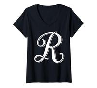 Women's Fancy Italic Initial Cool Letter R English Alphabet Monogram V-Neck T-Shirt